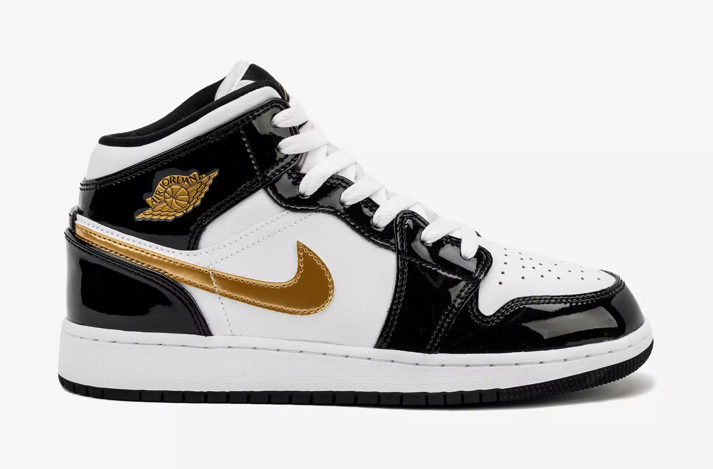 Air Jordan 1 Mid Patent Black Gold SE Grade School Lifestyle Shoes (Black/White/Metallic Gold)