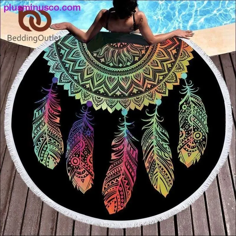 Colorful Dreamcatcher Tassel Mandala Tapestry Black Round Beach Towel 150cm