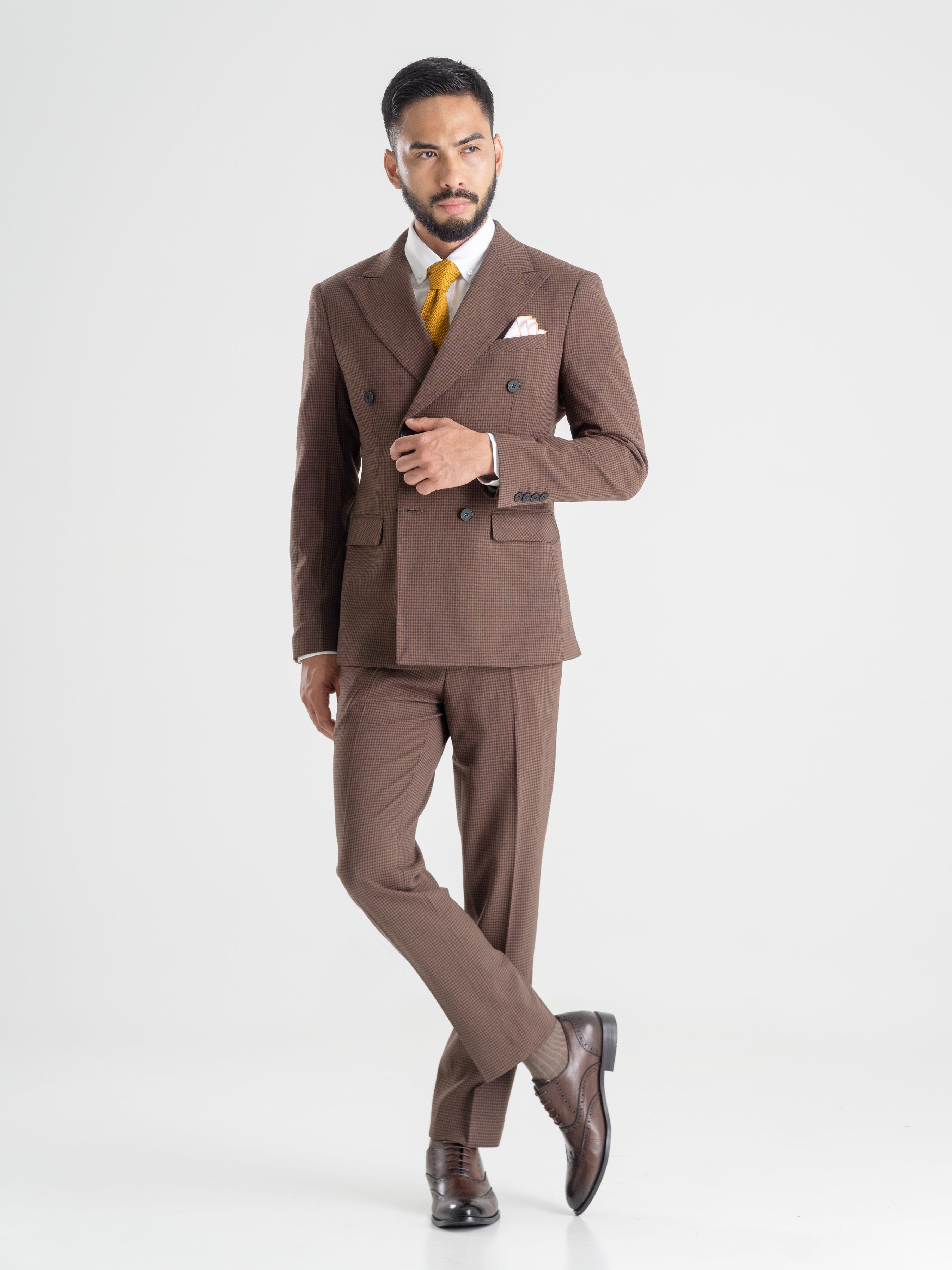 Double Breasted Suit Blazer - Coffee Plaid (Peak Lapel)