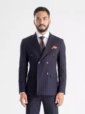 Double Breasted Suit Blazer - Deep Blue Stripes (Peak Lapel)