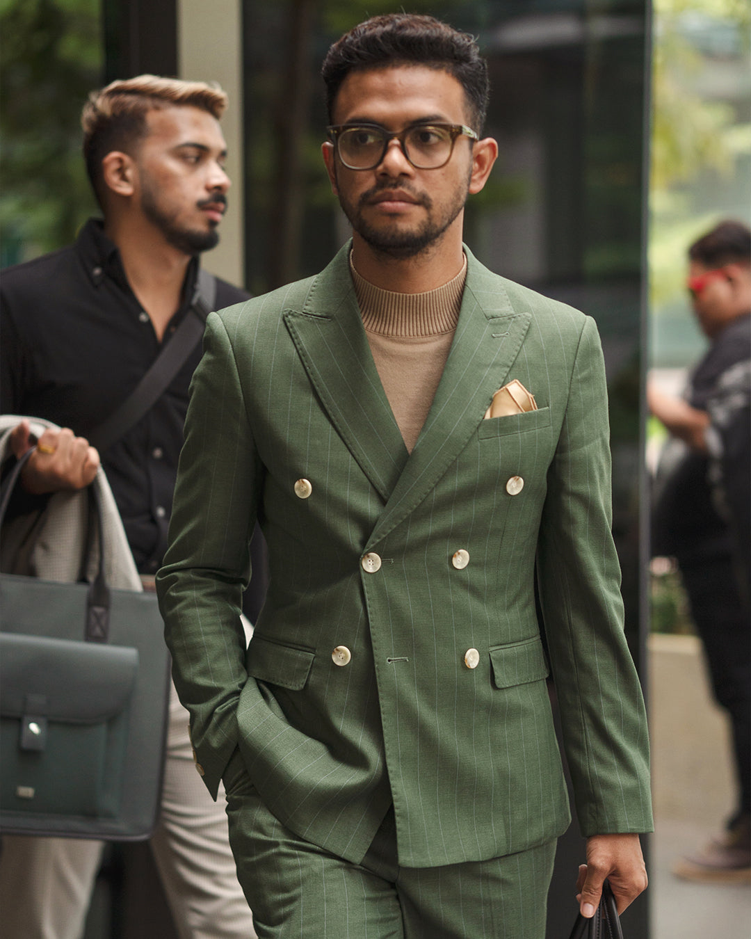 Double Breasted Suit Blazer - Moss Green Stripes (Peak Lapel)