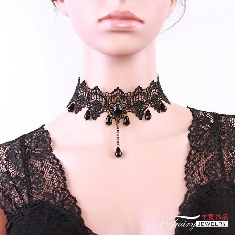 Gothic Chokers Black Beaded Flowers Sexy Lace Neck Choker