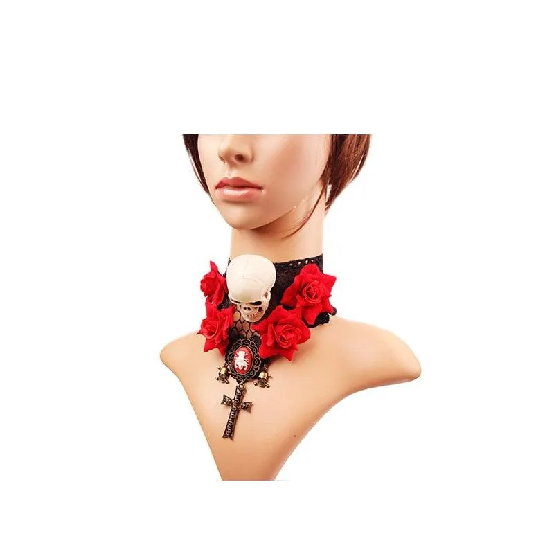 Gothic Chokers Black Beaded Flowers Sexy Lace Neck Choker