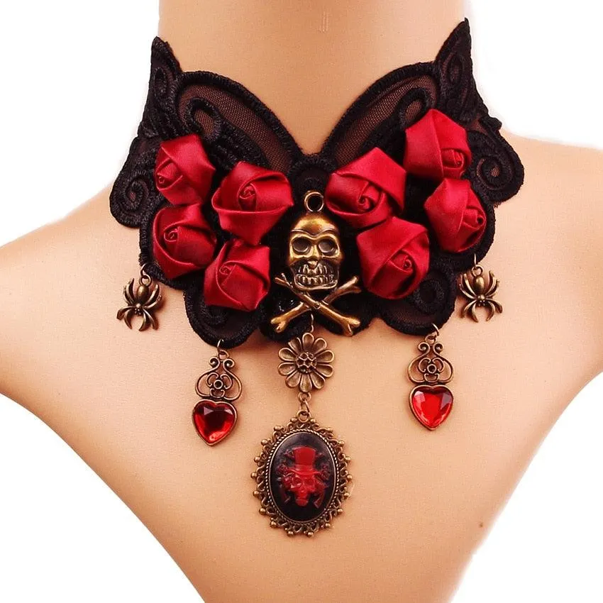 Gothic Chokers Black Beaded Flowers Sexy Lace Neck Choker