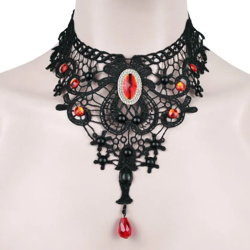 Gothic Chokers Black Beaded Flowers Sexy Lace Neck Choker