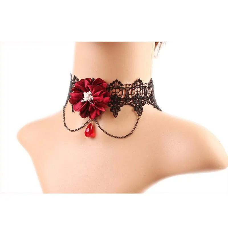 Gothic Chokers Black Beaded Flowers Sexy Lace Neck Choker