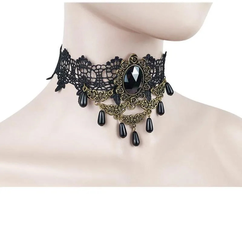 Gothic Chokers Black Beaded Flowers Sexy Lace Neck Choker