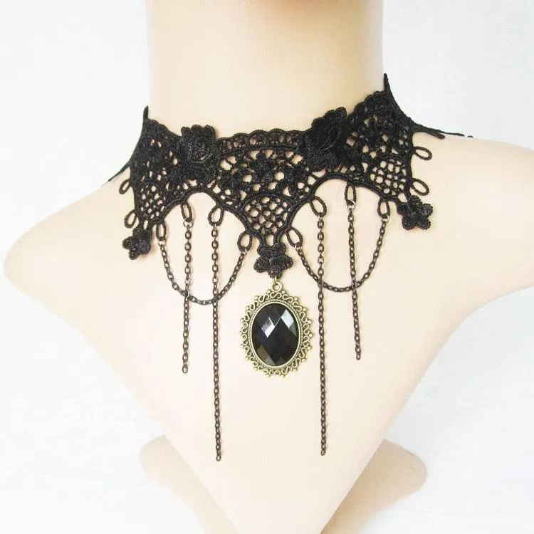 Gothic Chokers Black Beaded Flowers Sexy Lace Neck Choker