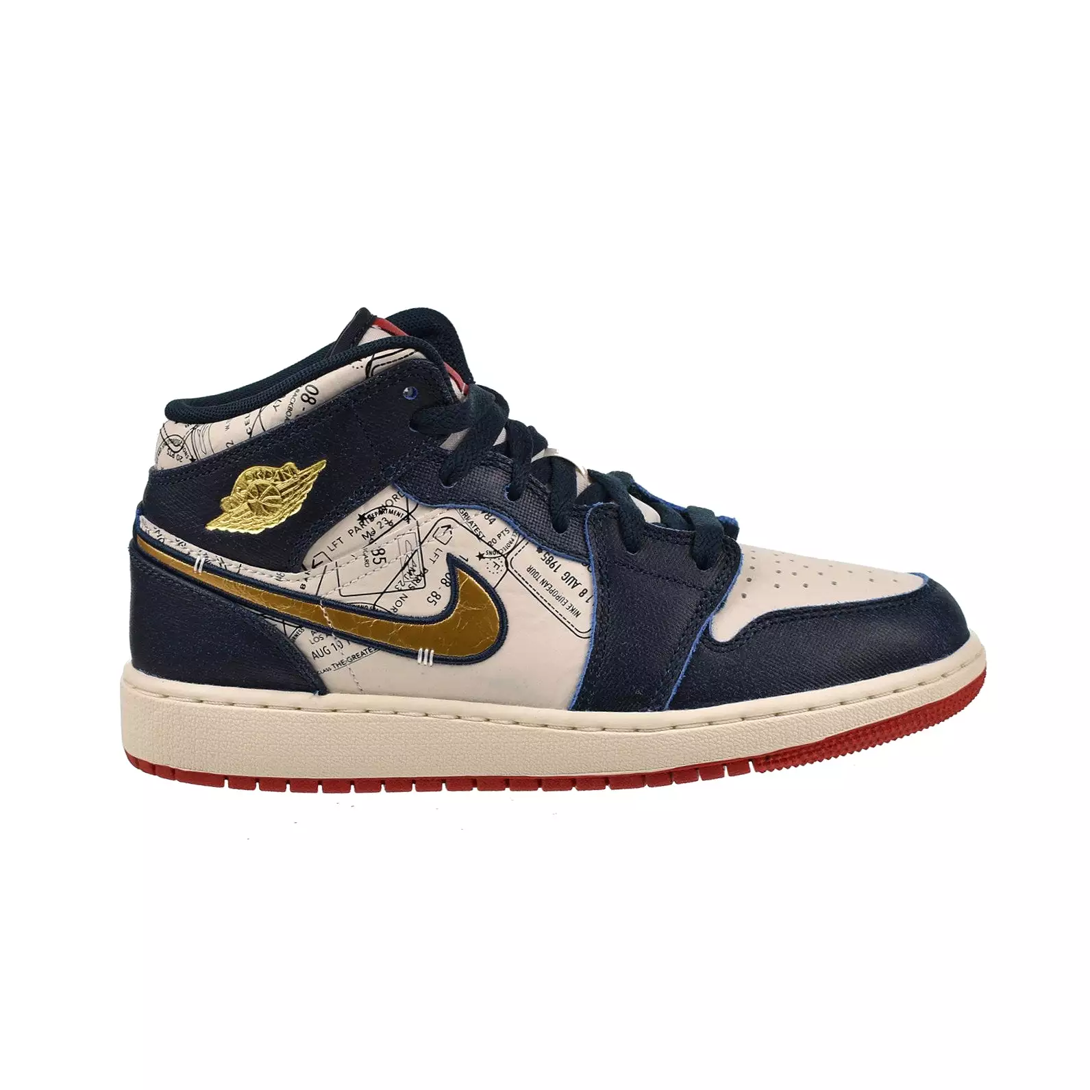 Jordan 1 Mid SE (GS) Big Kid's Shoes Armoury Navy-Pale Ivory-Red-Metallic Gold