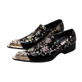 Men's Handmade Plus Size Black Golden Flowers Leather Oxford Shoes