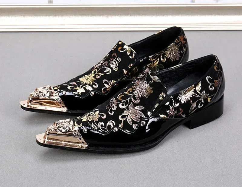 Men's Handmade Plus Size Black Golden Flowers Leather Oxford Shoes