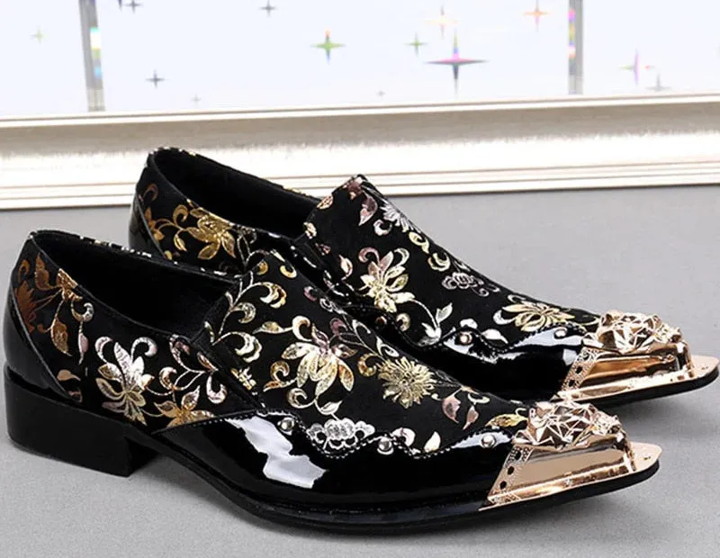 Men's Handmade Plus Size Black Golden Flowers Leather Oxford Shoes