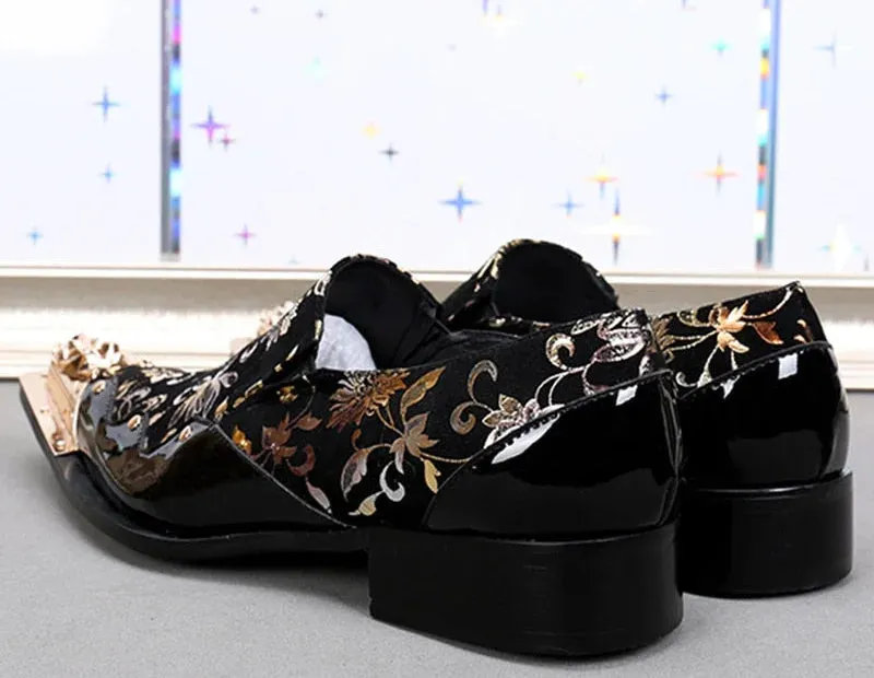 Men's Handmade Plus Size Black Golden Flowers Leather Oxford Shoes