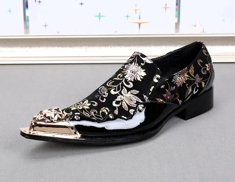 Men's Handmade Plus Size Black Golden Flowers Leather Oxford Shoes