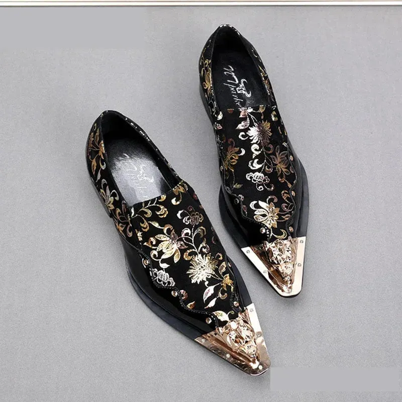 Men's Handmade Plus Size Black Golden Flowers Leather Oxford Shoes