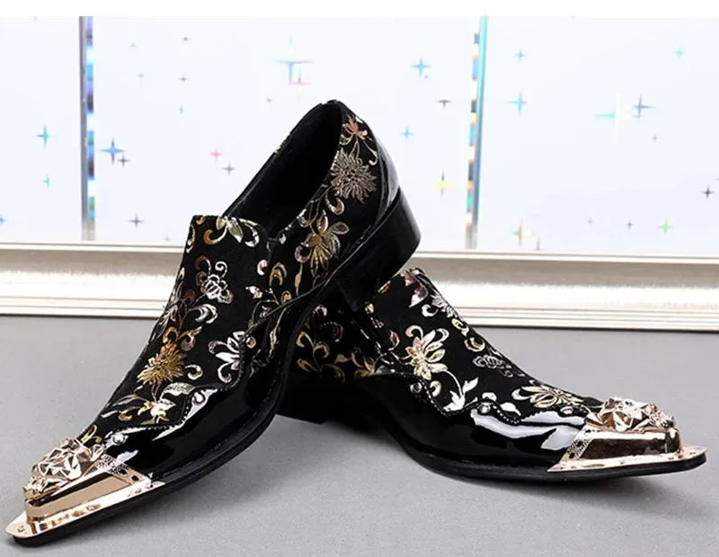 Men's Handmade Plus Size Black Golden Flowers Leather Oxford Shoes