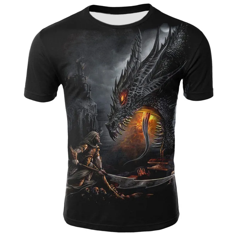 Mens T Shirt Summer Casual O-Neck Short Sleeve Tops Tees Cool Dragons Print T-shirt Streetwear Funny Male Clothing