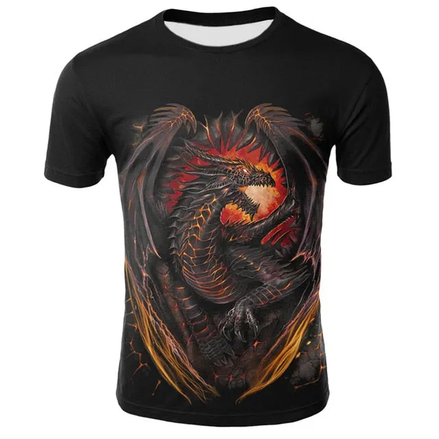 Mens T Shirt Summer Casual O-Neck Short Sleeve Tops Tees Cool Dragons Print T-shirt Streetwear Funny Male Clothing