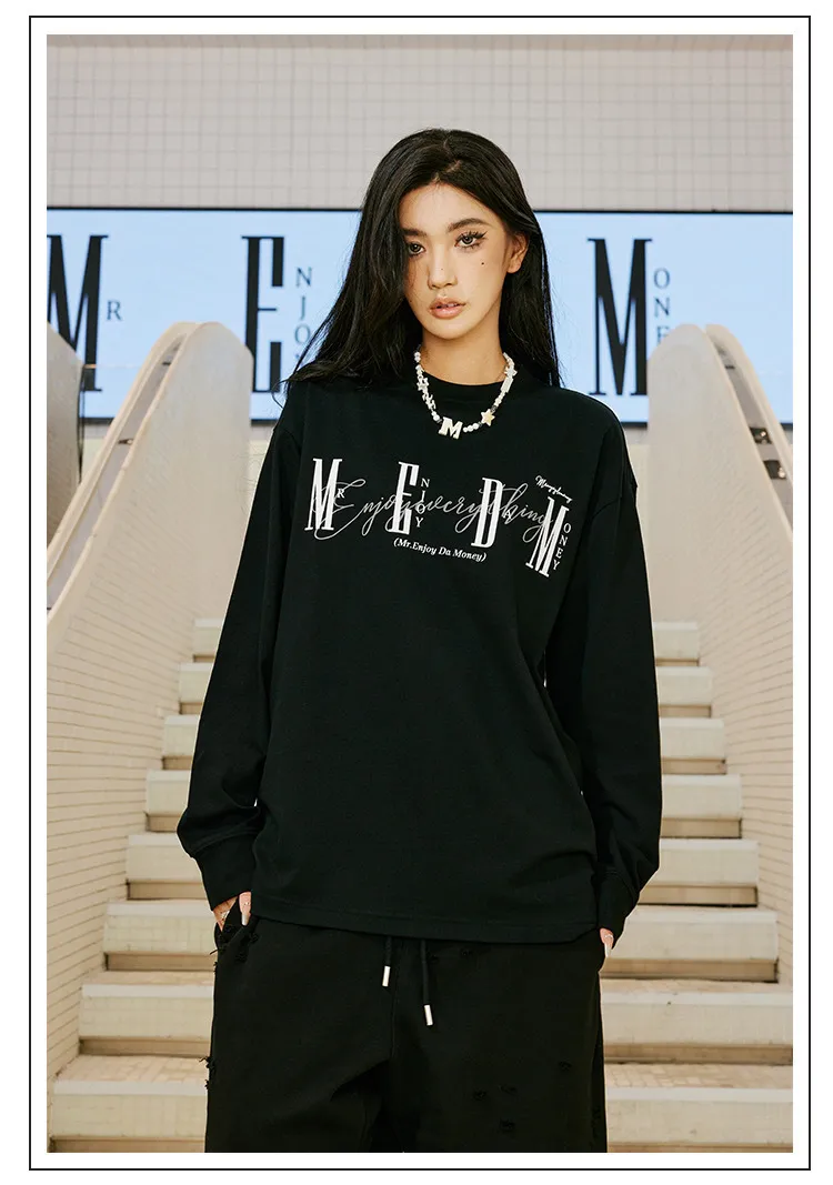 MR. ENJOY DA MONEY  |Unisex Street Style Long Sleeves Plain Oversized Logo Tops