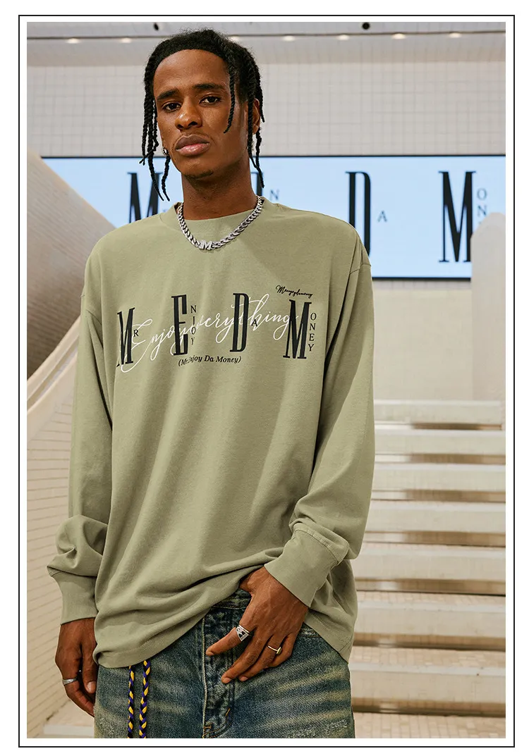 MR. ENJOY DA MONEY  |Unisex Street Style Long Sleeves Plain Oversized Logo Tops