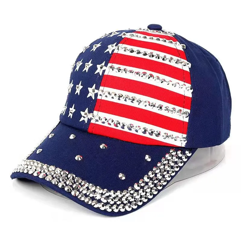 Navy Blue Hat with Large Rhinestone American Flag