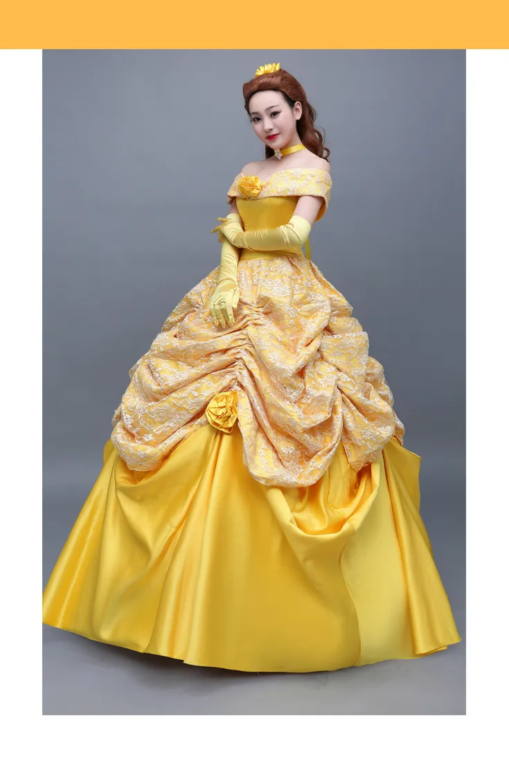 Princess Belle Classic Floral Brocade Tiered Beauty And Beast Cosplay Costume