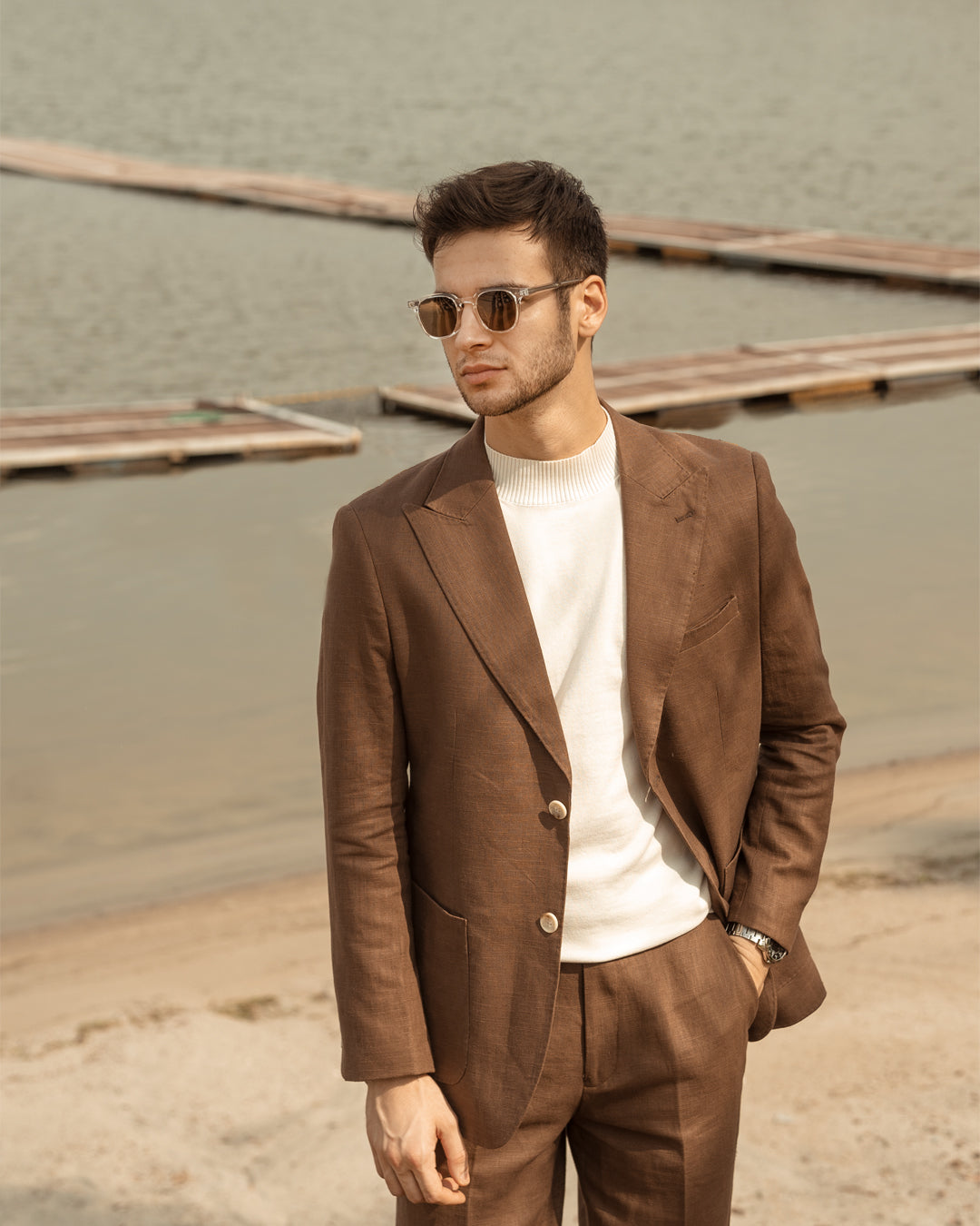 Single Breasted Suit Blazer - Linen Coffee Plain (Peak Lapel)