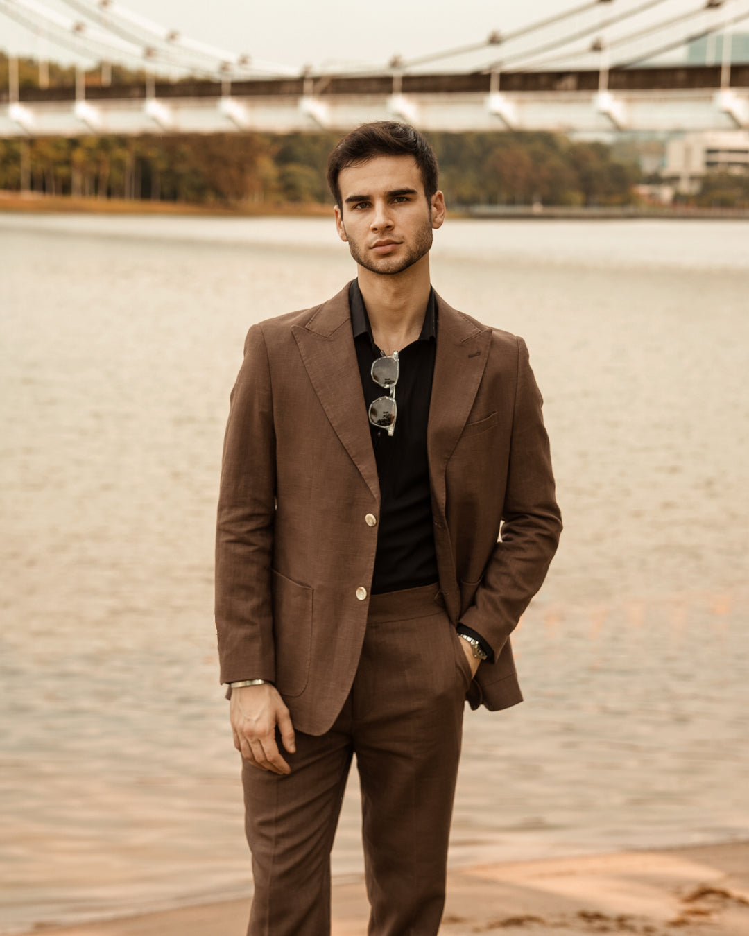 Single Breasted Suit Blazer - Linen Coffee Plain (Peak Lapel)