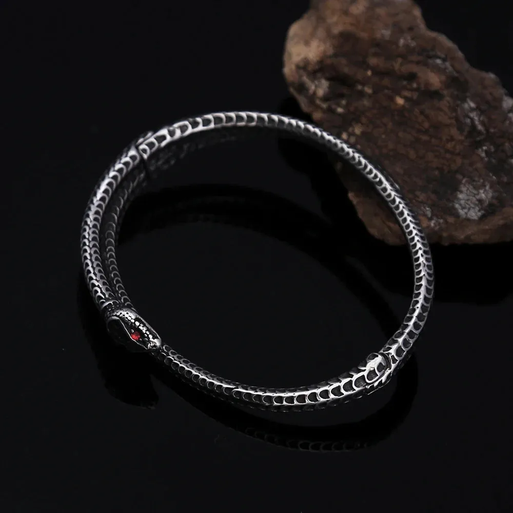 Unisex Vintage Gothic Stainless Steel Punk Rock Snake Bracelet with Red Stone