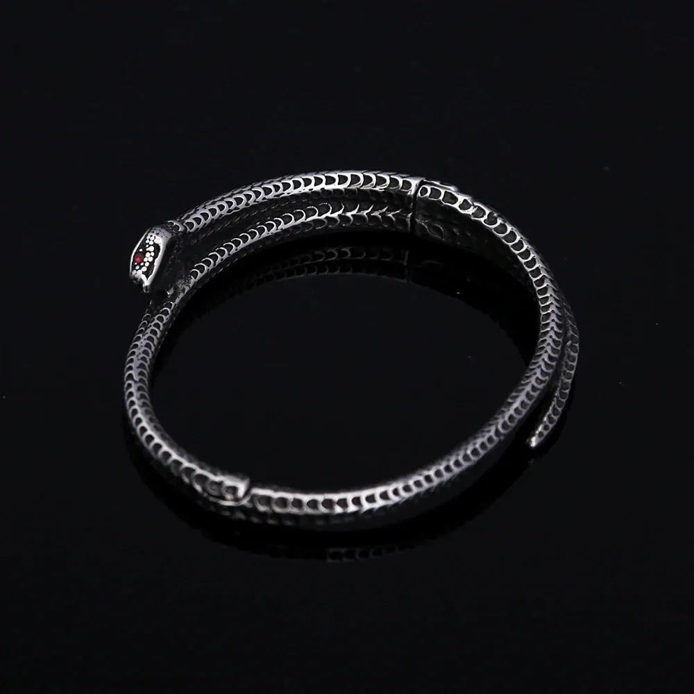 Unisex Vintage Gothic Stainless Steel Punk Rock Snake Bracelet with Red Stone