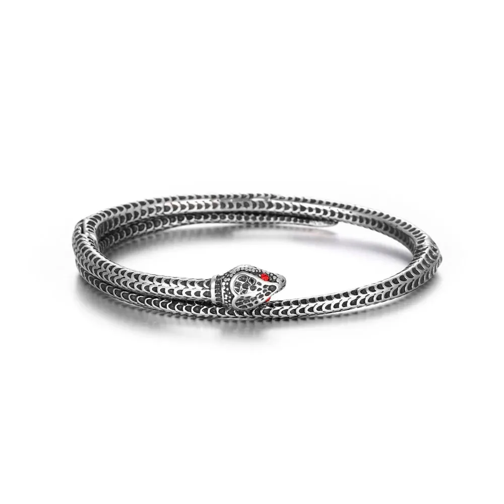 Unisex Vintage Gothic Stainless Steel Punk Rock Snake Bracelet with Red Stone