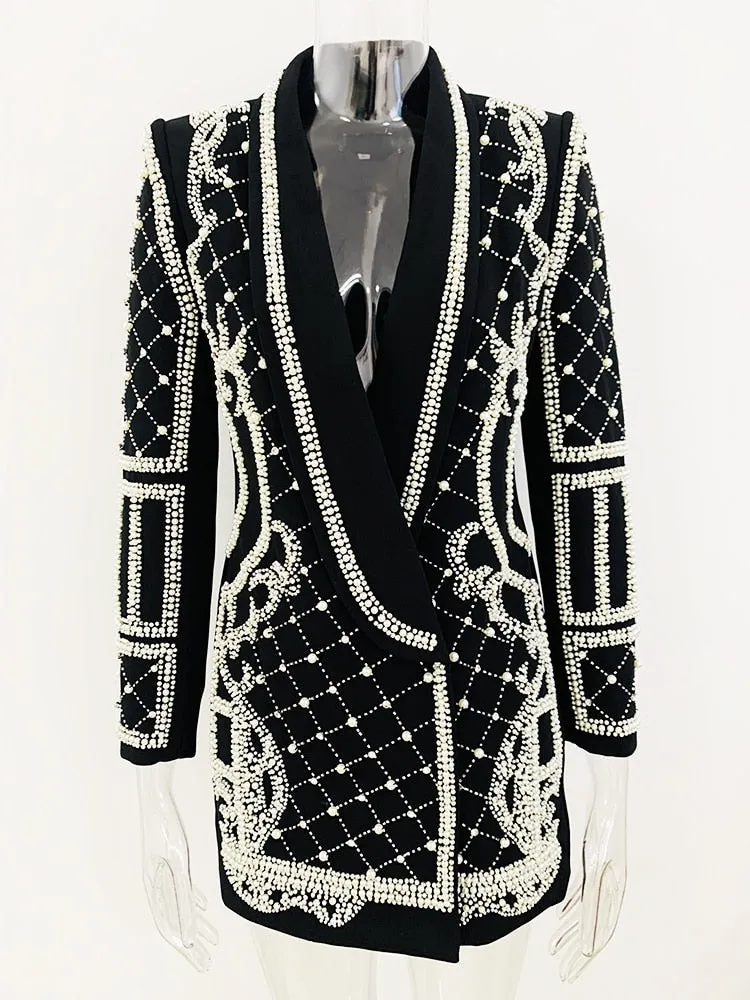 Women's Shawl Collar Stunning Pearls Diamonds Beaded Blazer Dress