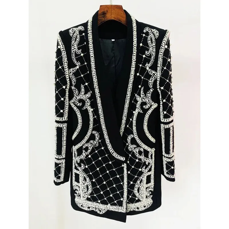 Women's Shawl Collar Stunning Pearls Diamonds Beaded Blazer Dress