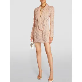 Women's Shawl Collar Stunning Pearls Diamonds Beaded Blazer Dress