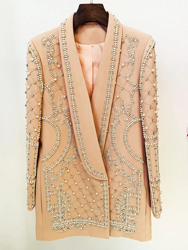 Women's Shawl Collar Stunning Pearls Diamonds Beaded Blazer Dress